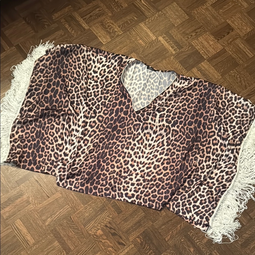 Plus size 1X Leopard Print Poncho with Fringe